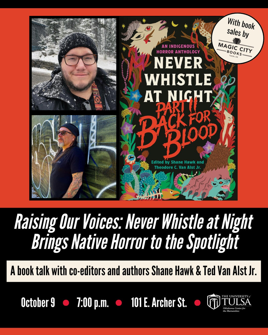 Shane Hawk and Ted Van Alst talk Never Whistle at Night in Downtown Tulsa at 101 Archer on October 9, 2026 at 7PM Shane Hawk and Ted Van Alst talk Never Whistle at Night in Downtown Tulsa at 101 Archer on October 9, 2026 at 7PM